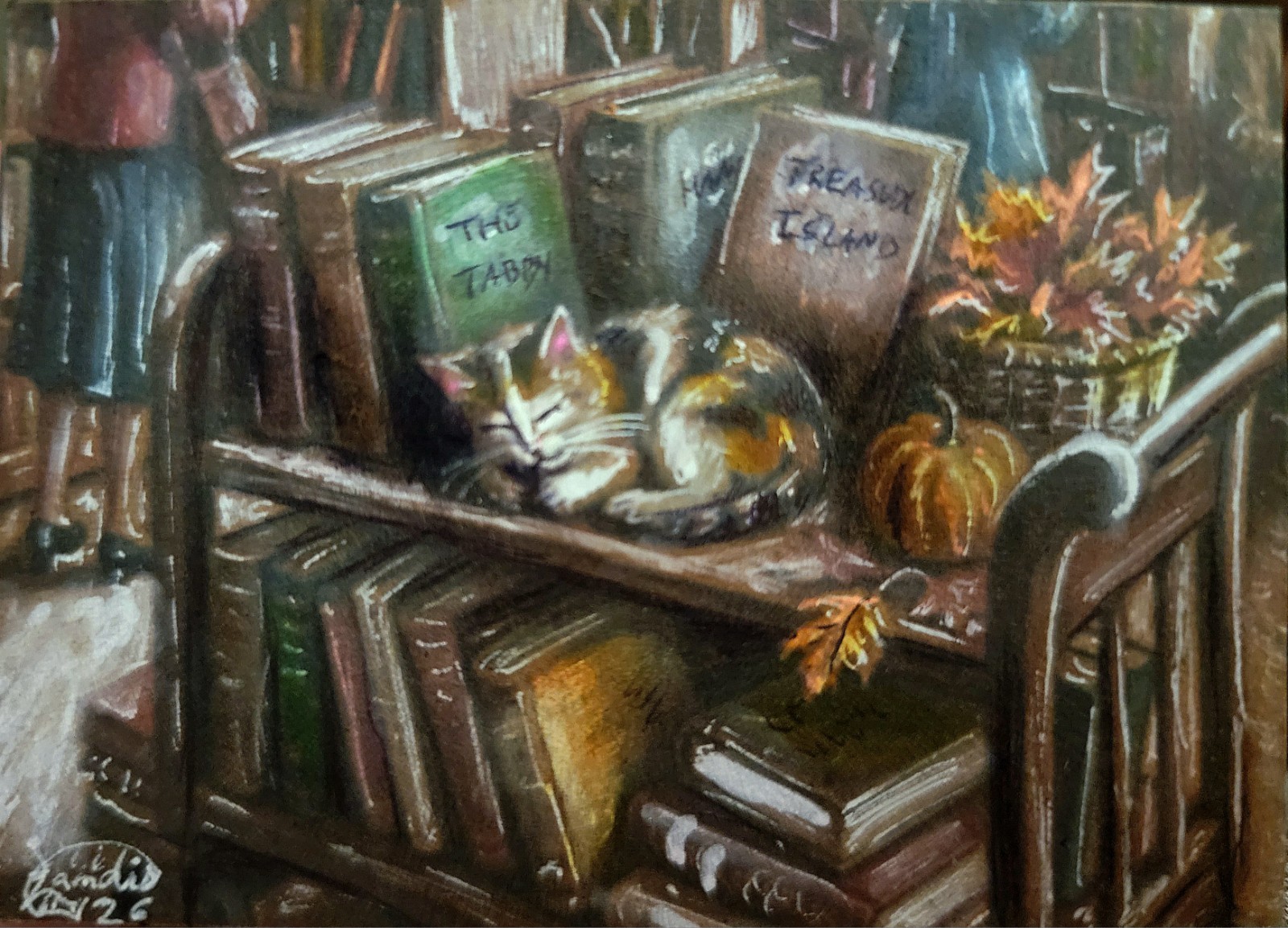ACEO ORIGINAL PRINT #/ 25 Card Landis Whimsy Kitten Library «Sleeping Calico»