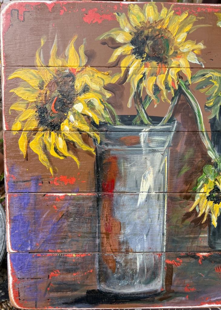 Artist Signed JO Floral Still Life Landscape Oil Painting Sunflowers Flowers Art