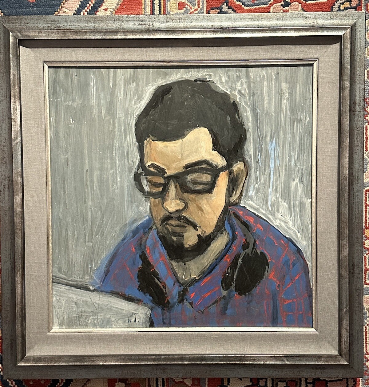 Portrait Man “In the studio” Mixed Media Painting / Paper Myst. Artist Framed