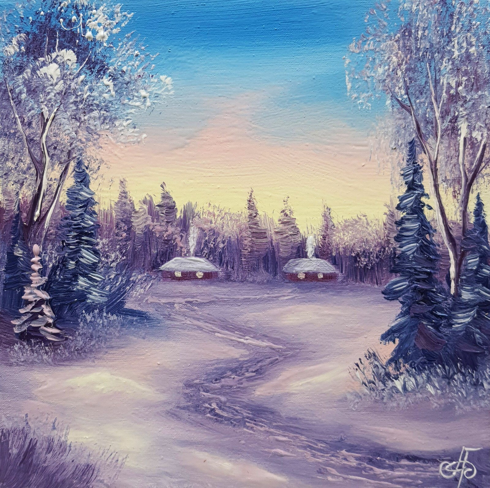 Original Oil Winter Landscape Painting Snowy Village Frosty Trees Sunset 8×8