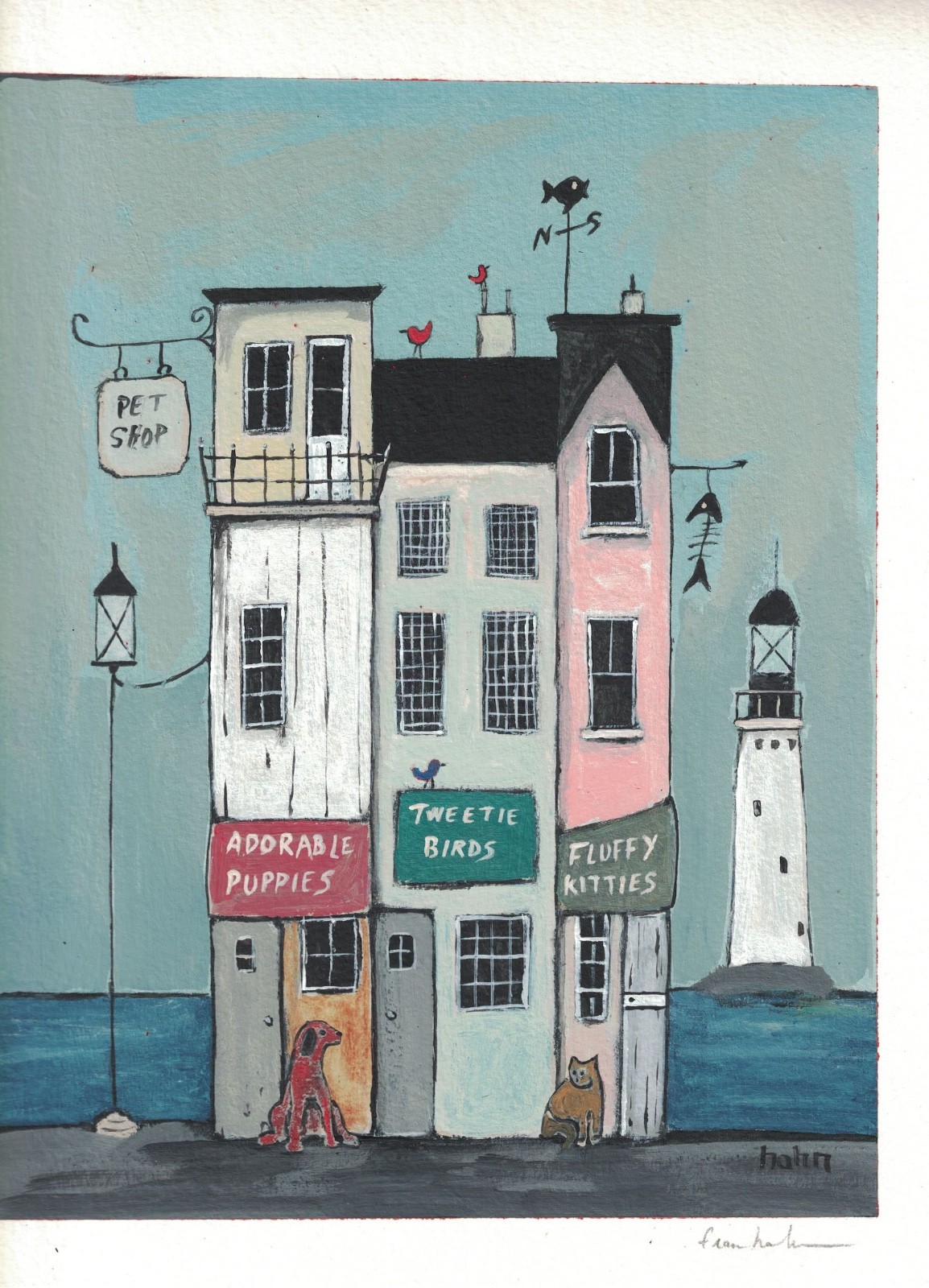 Original Whimsical Shops and Lighthouse 8×10 HandPainted on Watercolor paper9x12