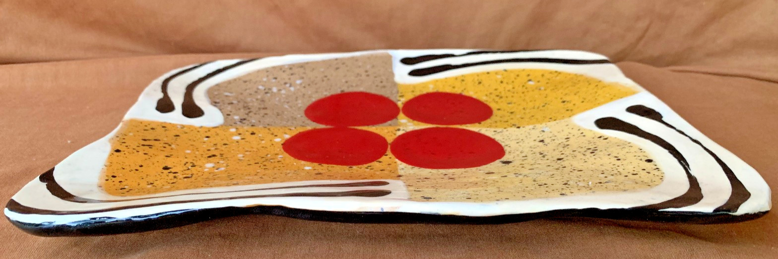 Listed Artist Jack Charney Mid Century Ceramic Tray Geometric Red Dots Ex Cond