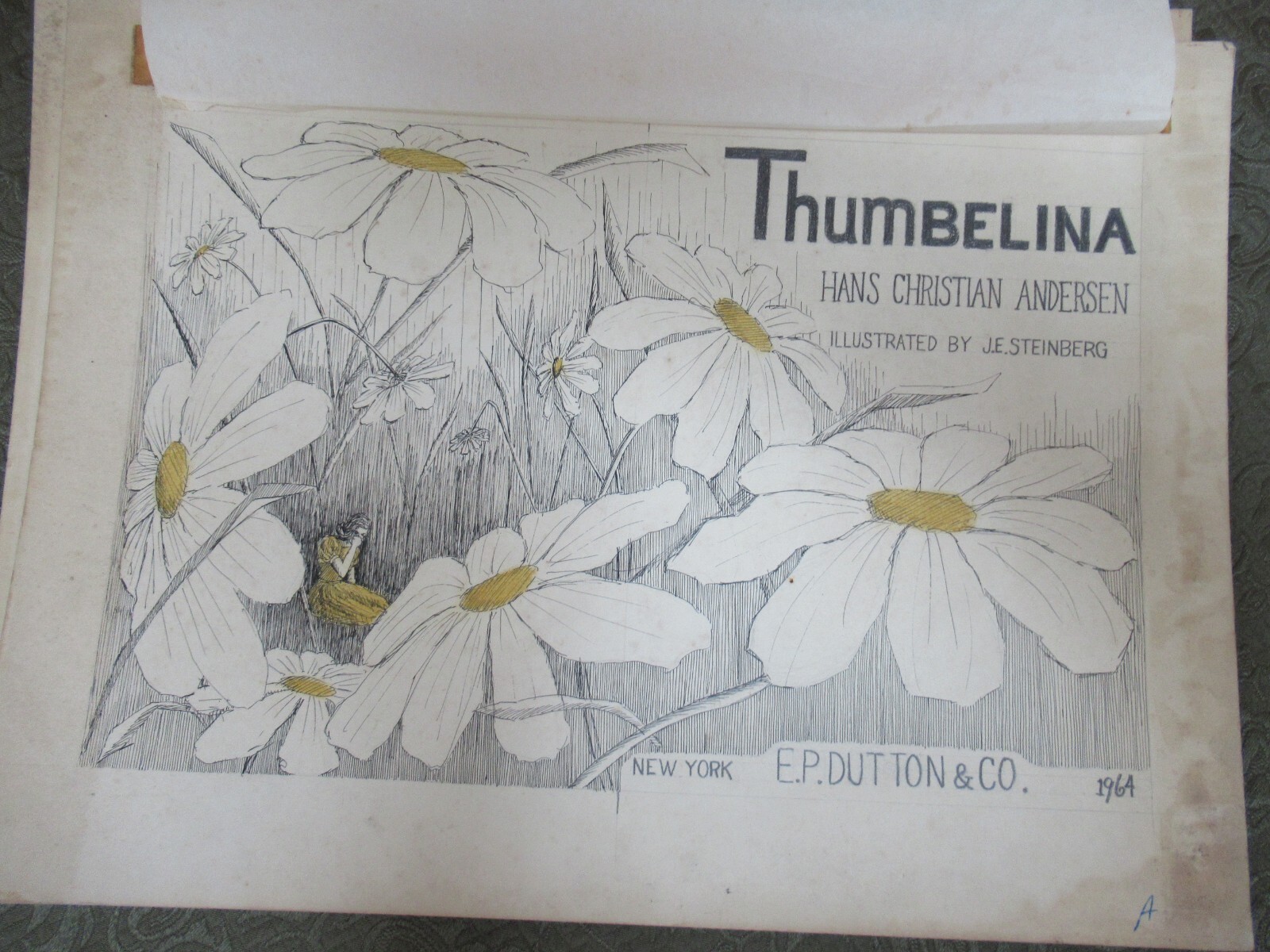 Original signed illustration Thumbellina Jon E Steinberg yellow black white