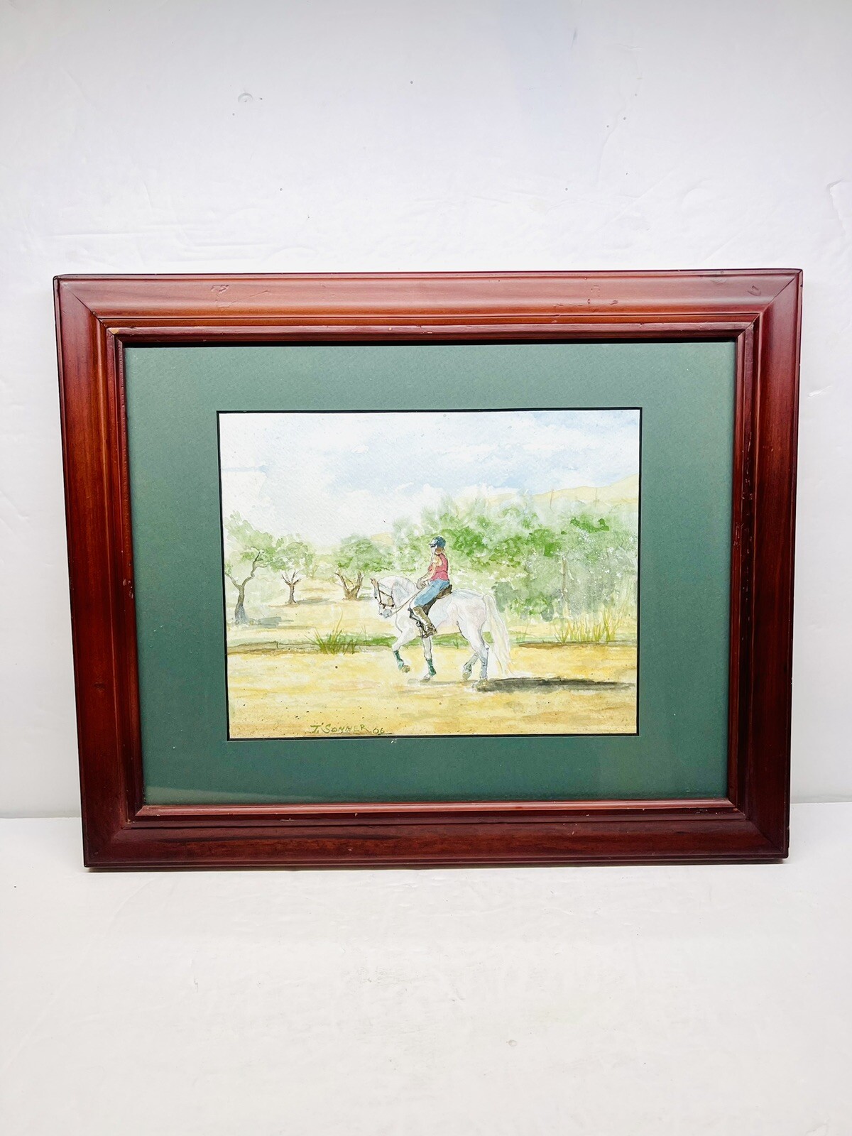 Original Watercolor Painting Woman Horse Rider Signed Frame Equestrian Art 17×14
