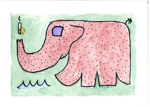 ACEO Art Card Original Watercolor Smoking Elephant HandPainted 2.5 x 3.5