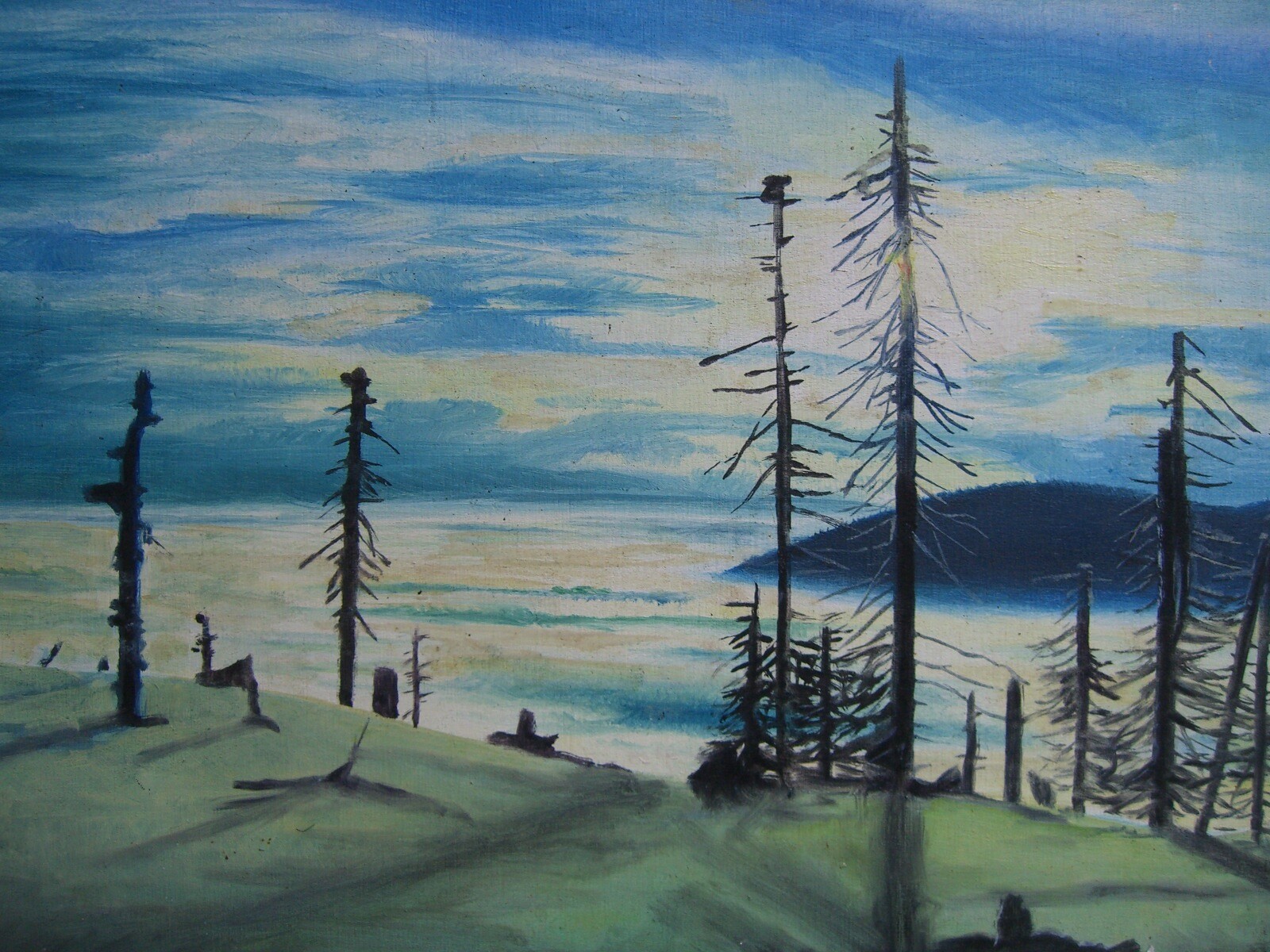 ::INSERVOUS SIGNED BURNT TREES SEA MIST VALLEY MOUNTAINS SKY ANTIQUE