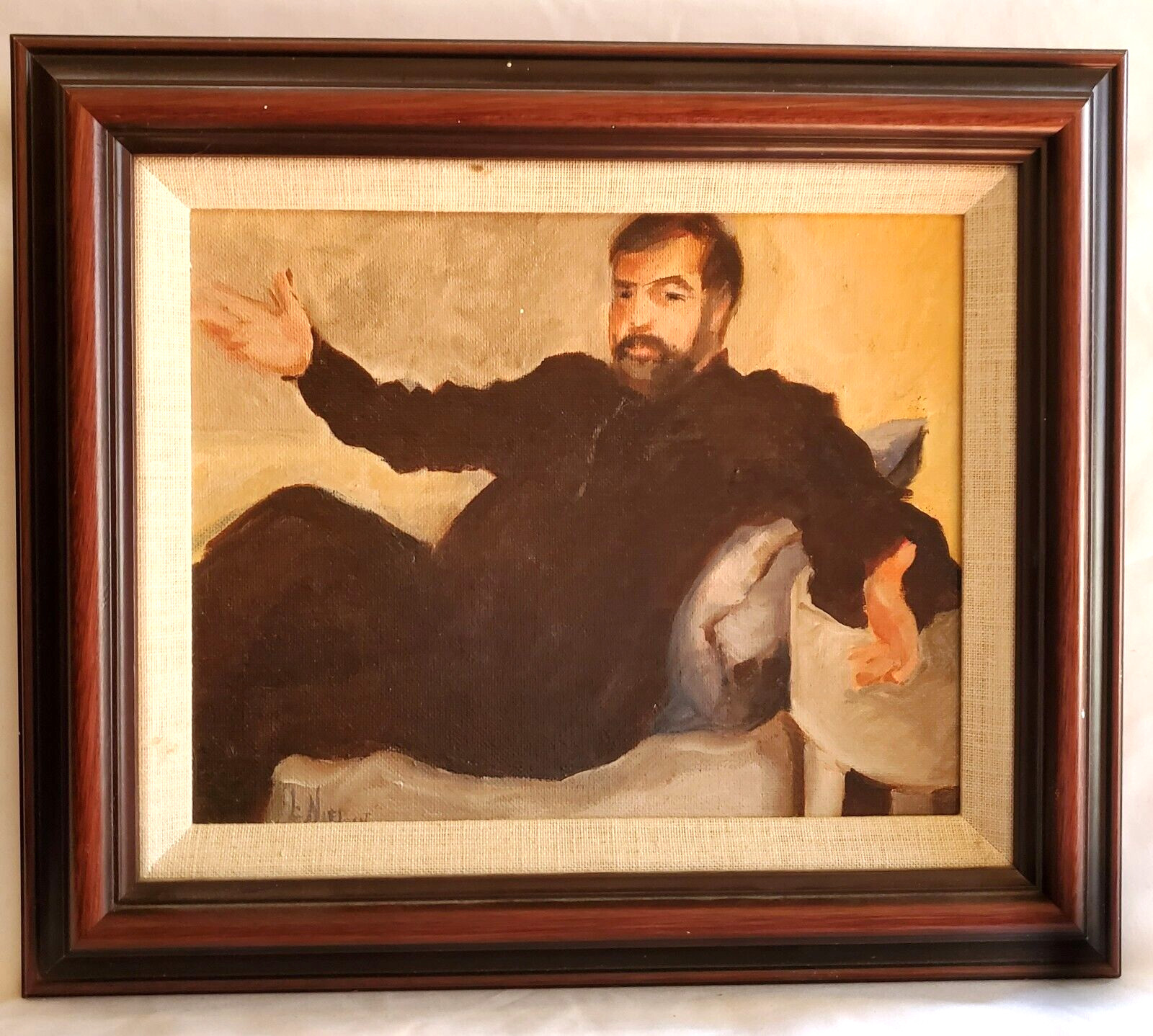 Oil on Canvas Portrait Man in Black Reclining Signed L Nielsen 13 1/2 x 11 1/2