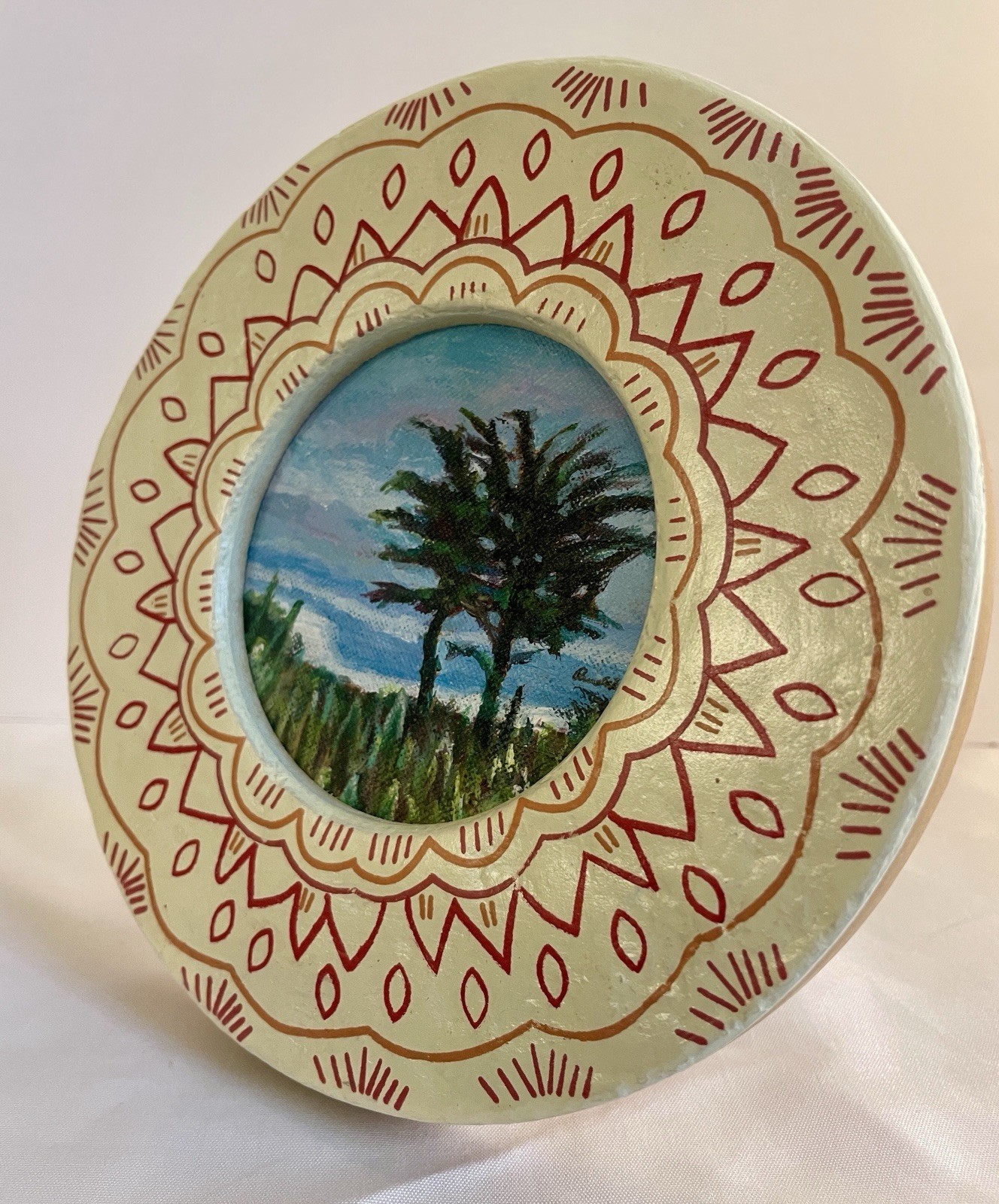 California Cypress Tree Painting Framed Round Coastal Landscape Wall Art