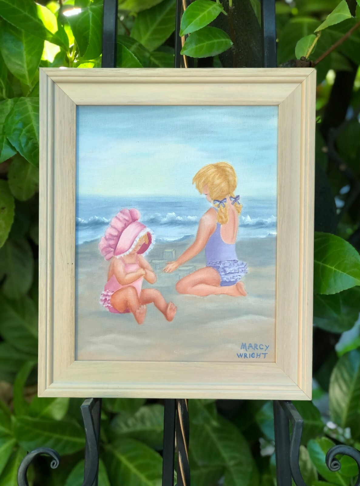Young Girls Playing on The Beach, Original Oil Painting by Marcy Wright,, FRAMED