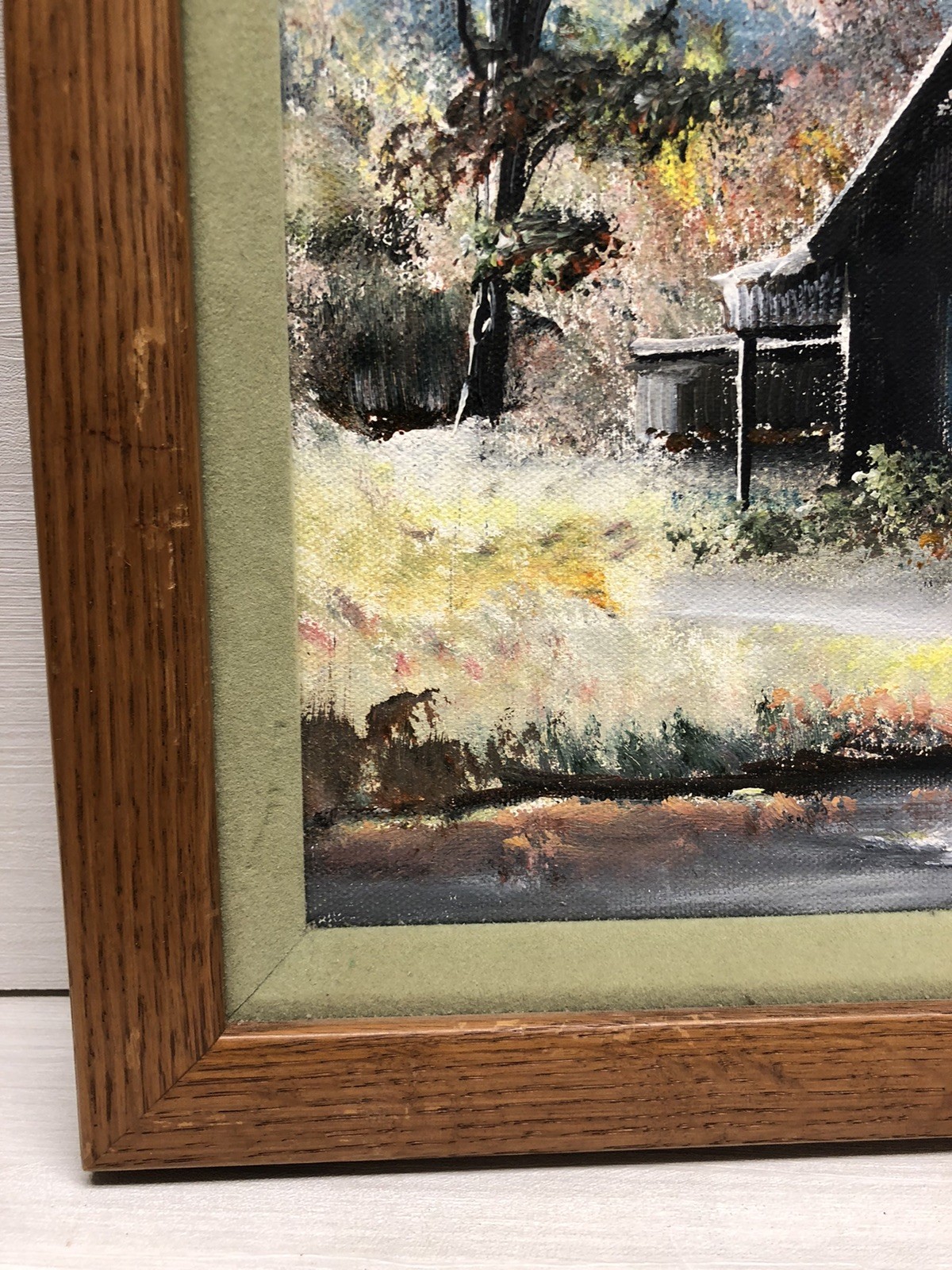VTG Original signed Oil On Canvas Framed Art Rustic Cottage Scene 13.5 X 16.5”