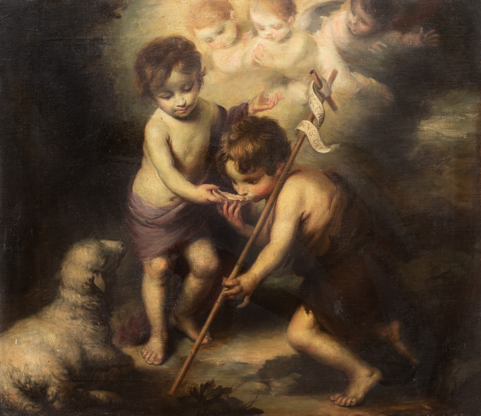 Large 18th Century Spanish School Infant Christ St John the Baptist & The Lamb