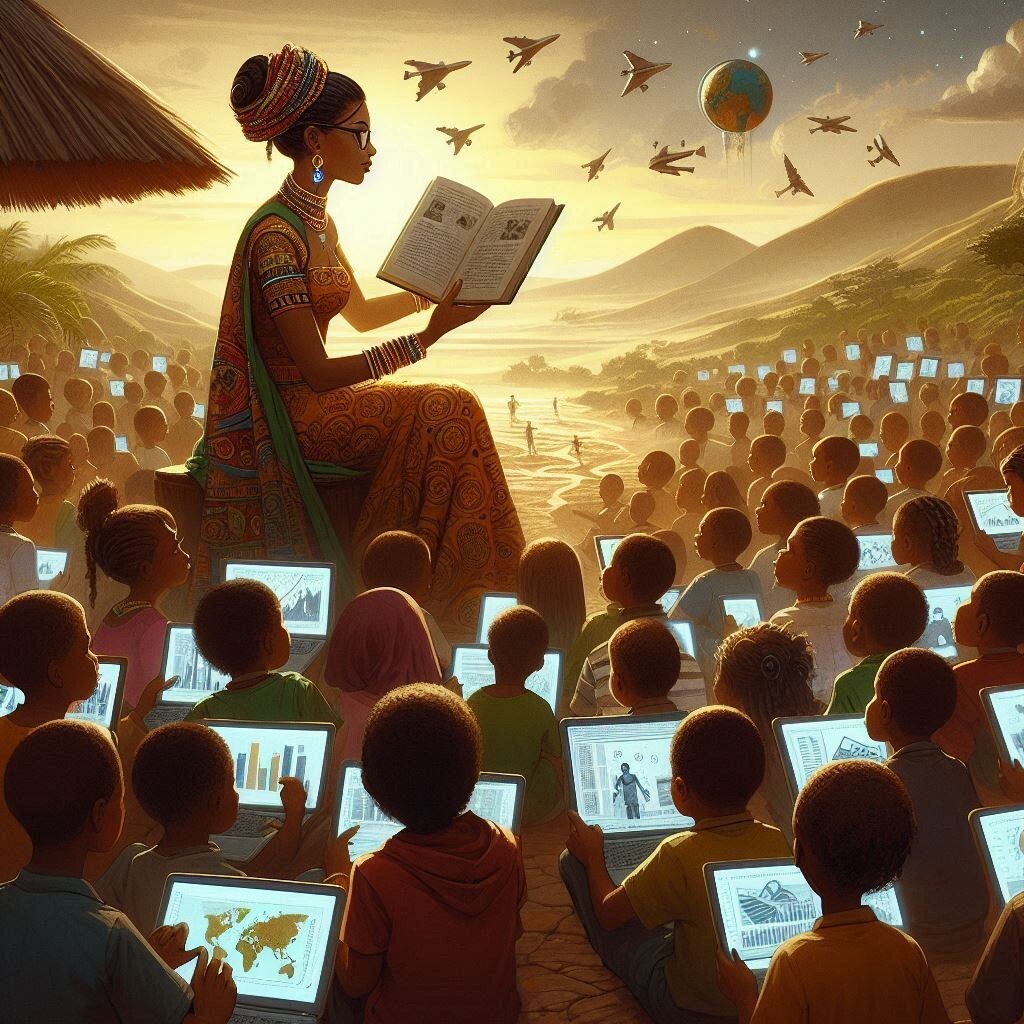 This captivating image features a brown African woman reading to a group of 300,