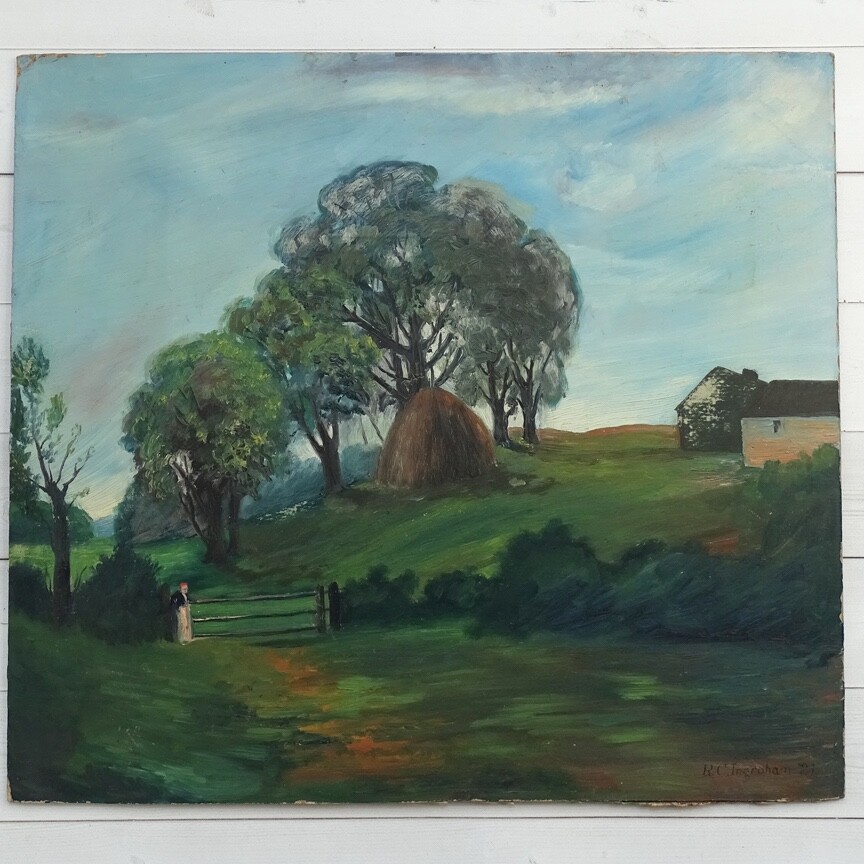 1921 Naive Folk Art Summer Landscape Oil Painting Signed R.C.Ingraham O/B 13×12
