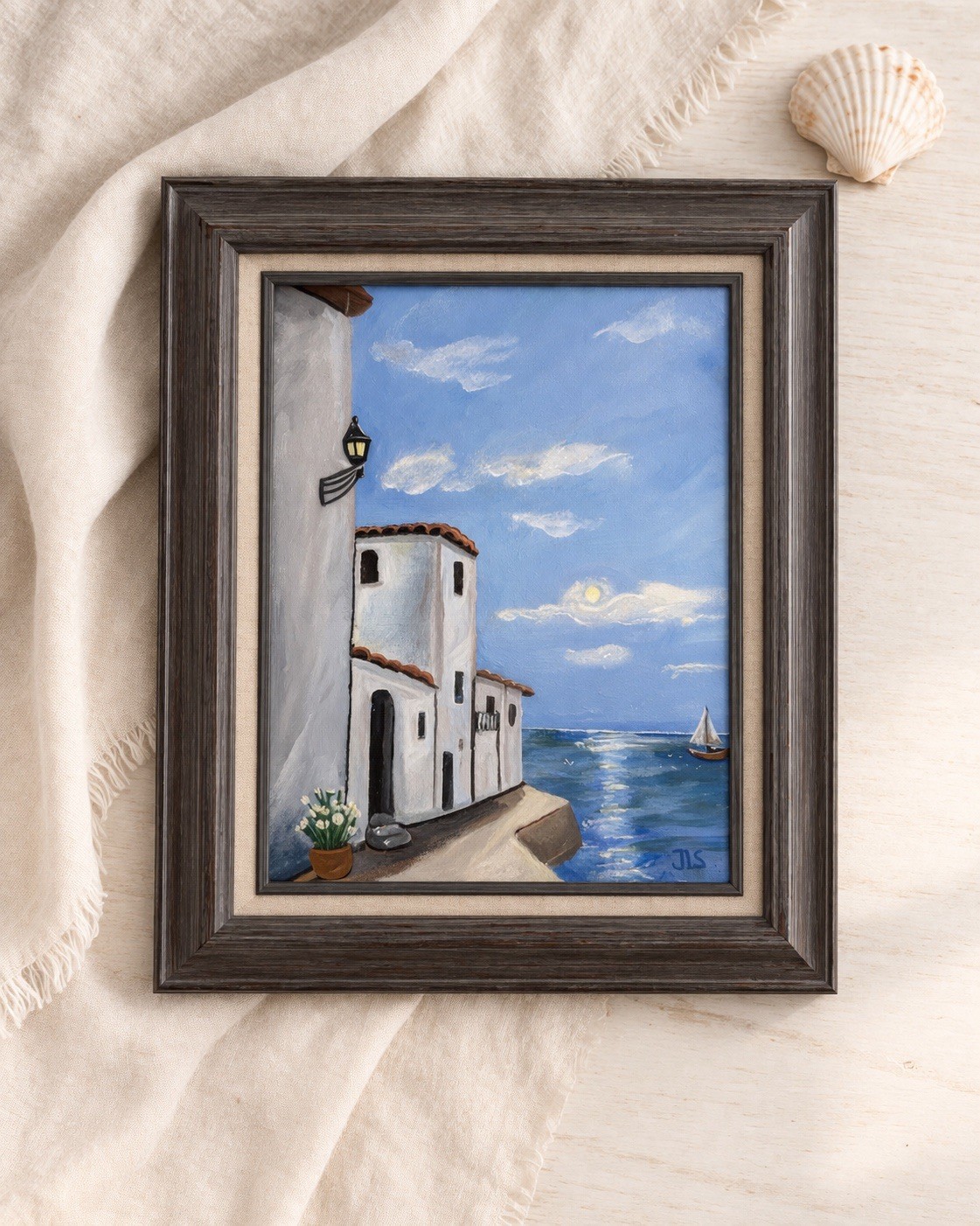 Coastal Boat Painting Original 11×14 Framed Seascape Ocean Wall Art