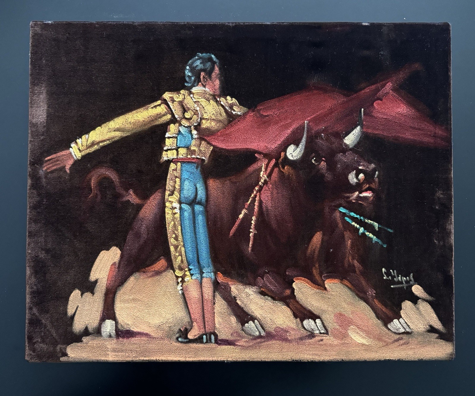 Vintage Spanish Matador Bull Fighter Black Velvet Unframed Painting