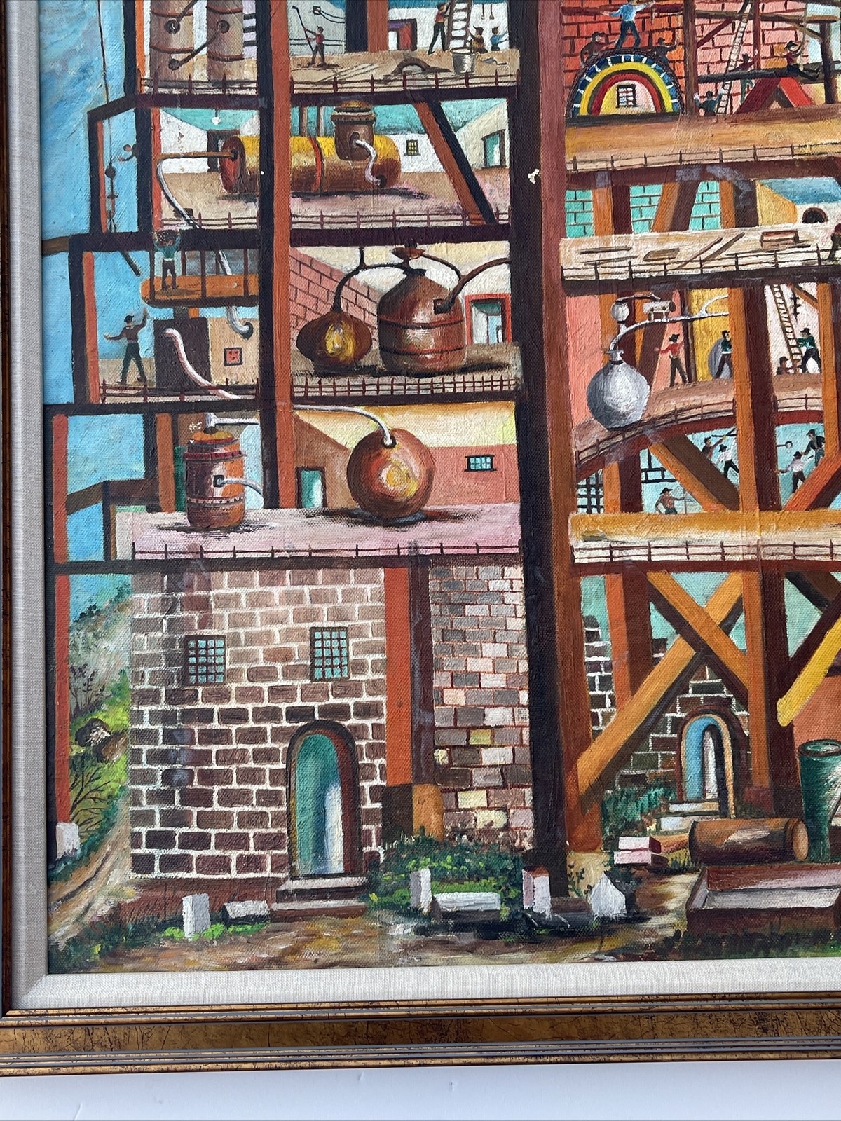 Vintage Industrial Painting Construction Workers Factory Urban Modernism Listed