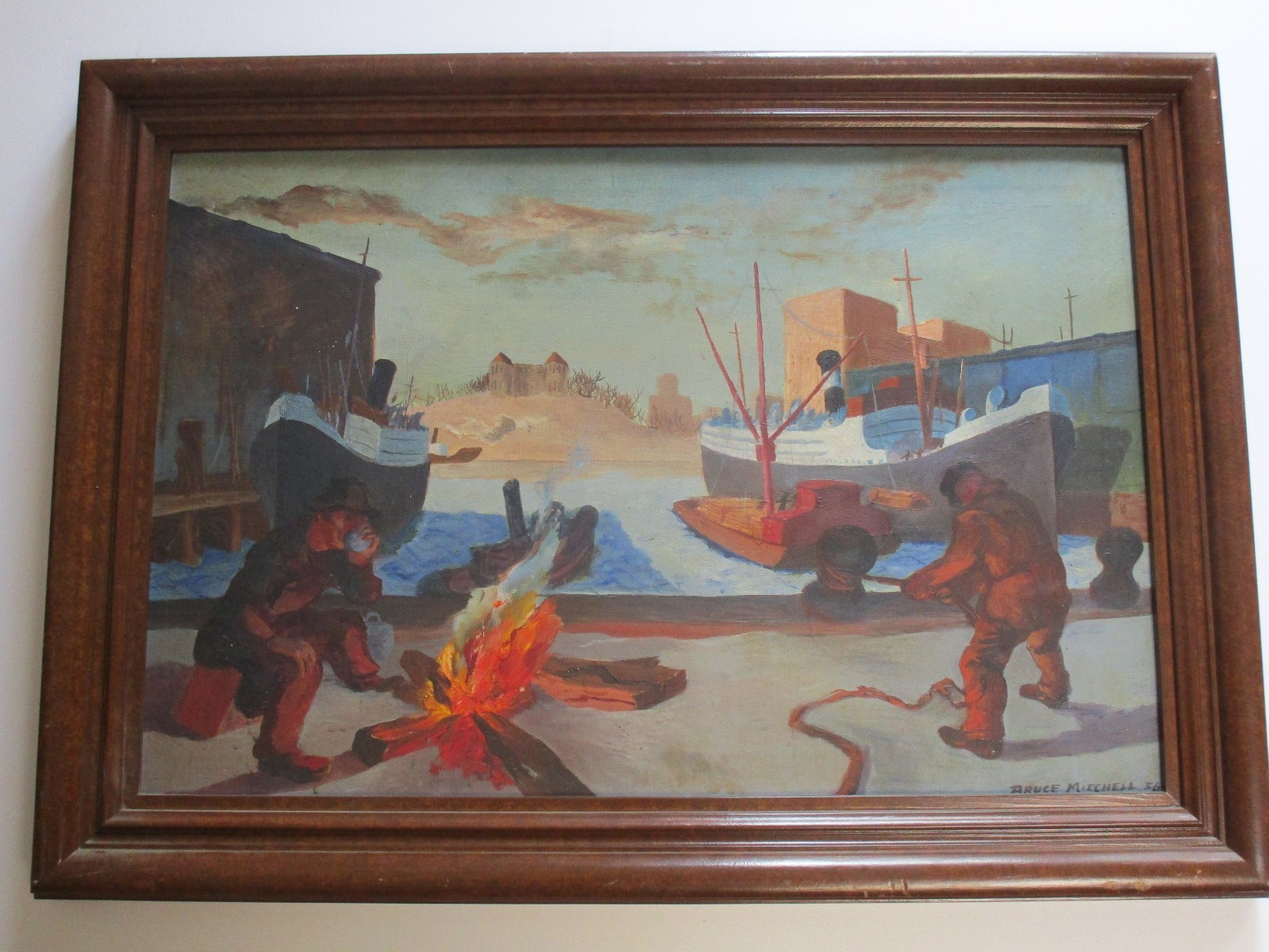Antique Wpa Painting Nautical Industrial Marina Port Regionalism Listed Mitchell