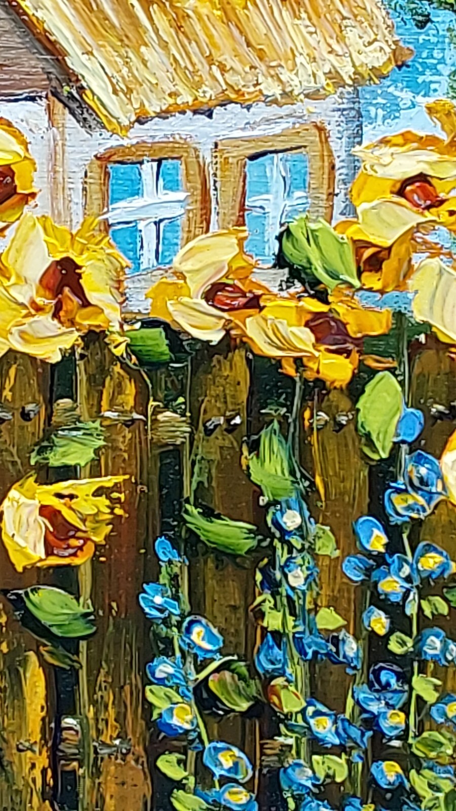 Original Rustic Cottage Painting with Sunflowers, Farm Art, Oil on Canvas 7×8 in