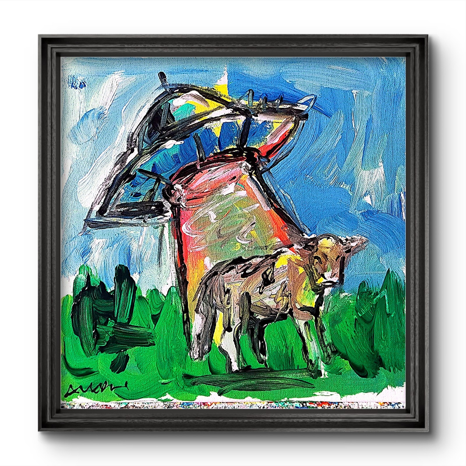 Aleph Hand Painted Ufo Alien Cow 12×12 Acrylic Painting Textured Wall Art Canvas