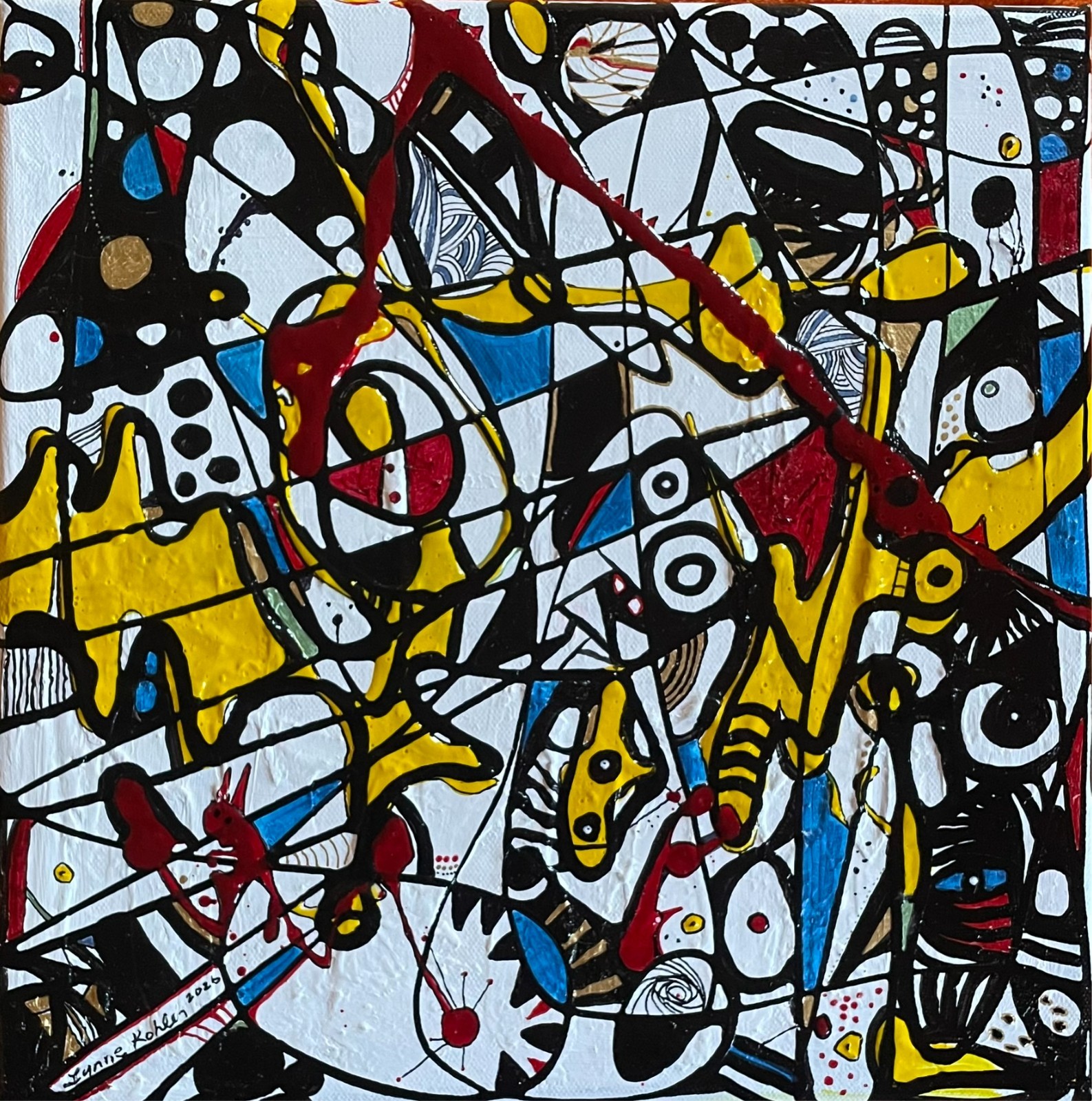 Original painting 12×12″ multicolor Cat abstract on Canvas by Lynne Kohler
