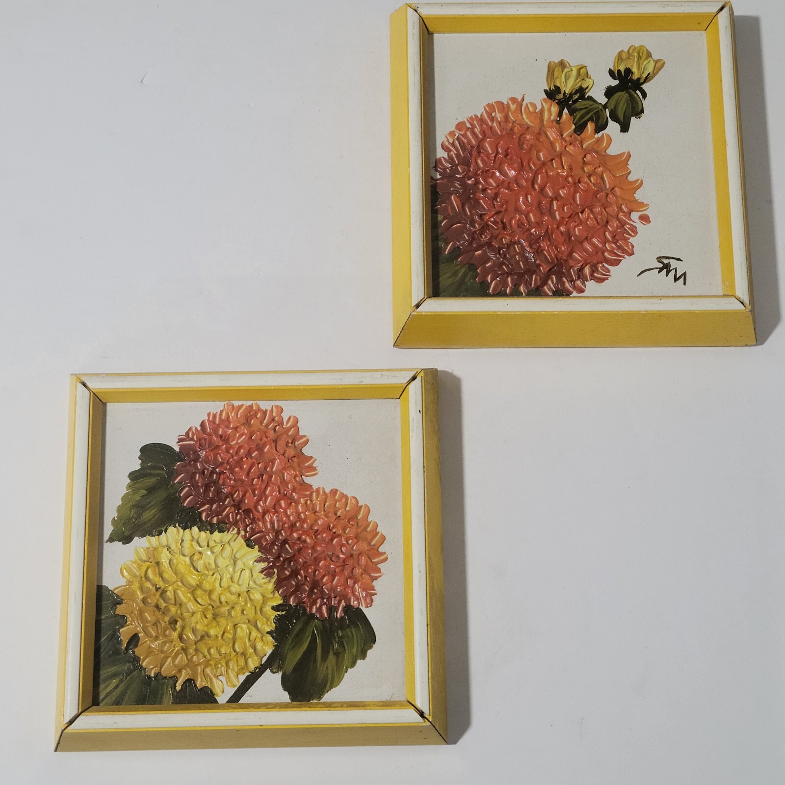Pair of Vintage Chrysanthemums Small Framed Paintings Orange Yellow