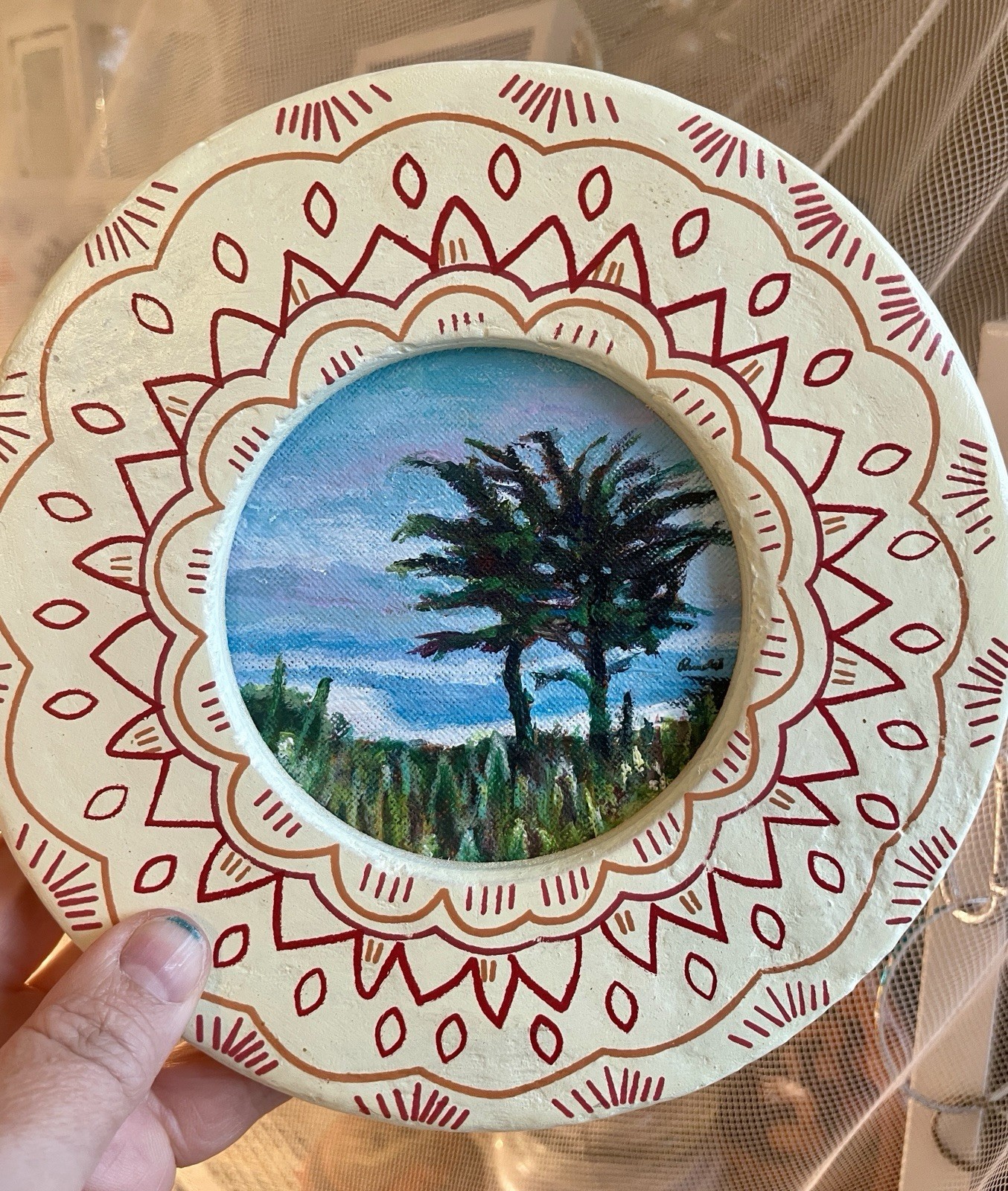 California Cypress Tree Painting Framed Round Coastal Landscape Wall Art