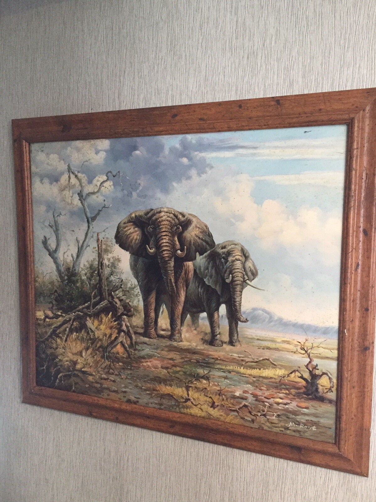 Vintage Framed Original Acrylic Painting African Elephants Signed Rozt Art