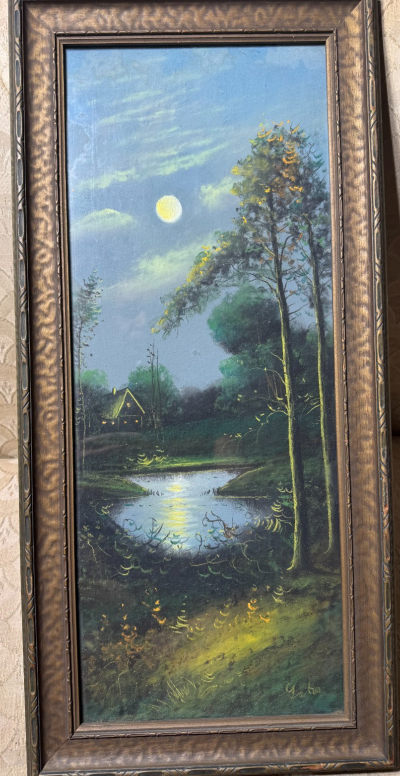 Antique E.A Gates «Nocturne Landscape Scene» Pastel Painting – Signed And Framed