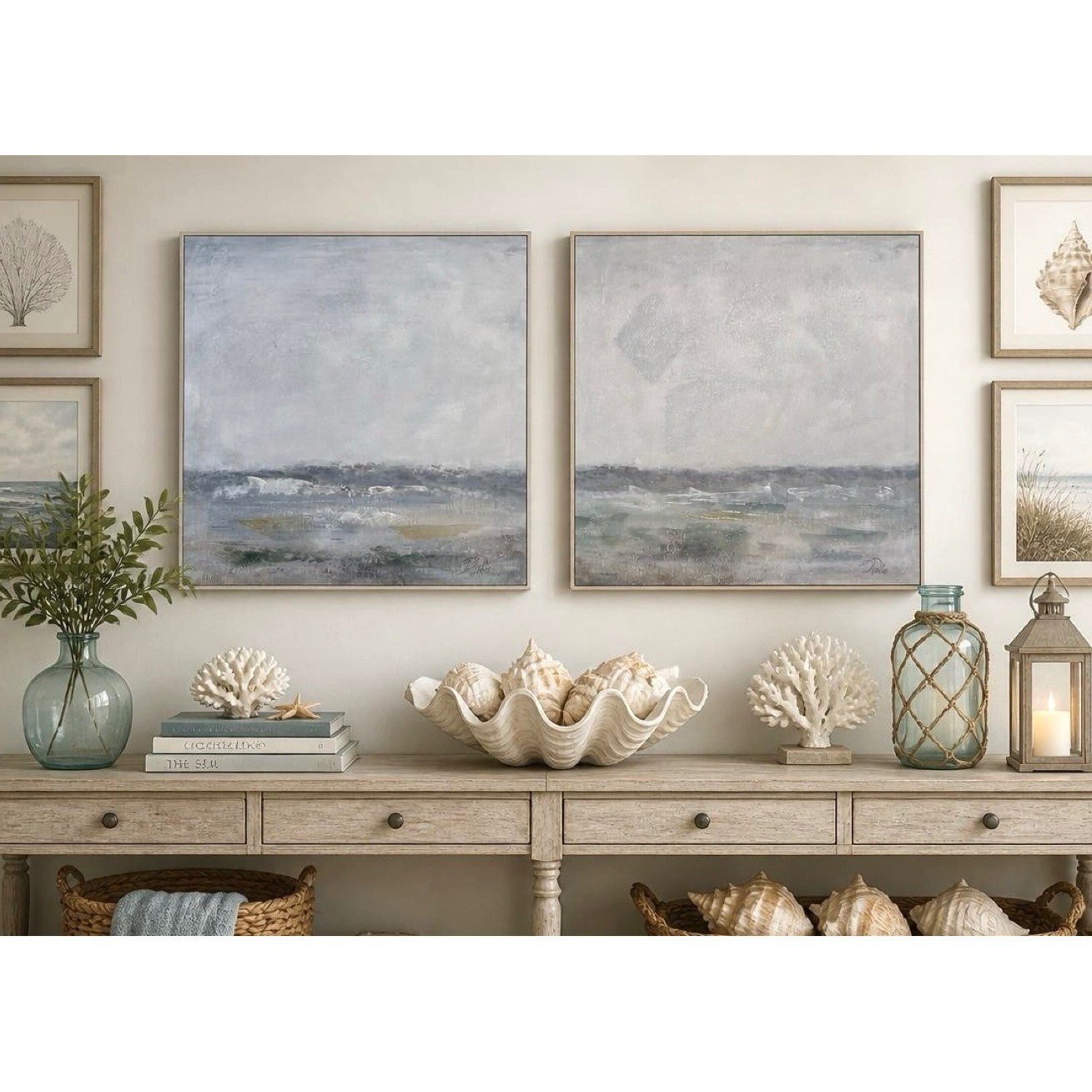 D Pinto Set of 2 Abstract Coastal Seascape Canvas Wall Art Blue Grey 16×16