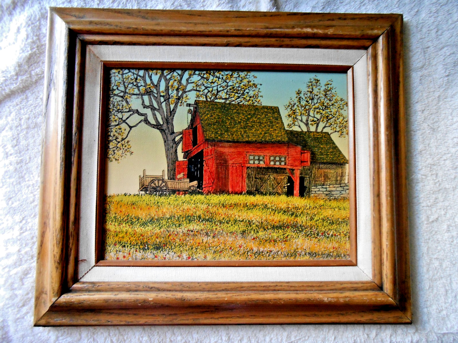 H. Hargrove Red Barn Seriograph Painting Framed Fall Theme