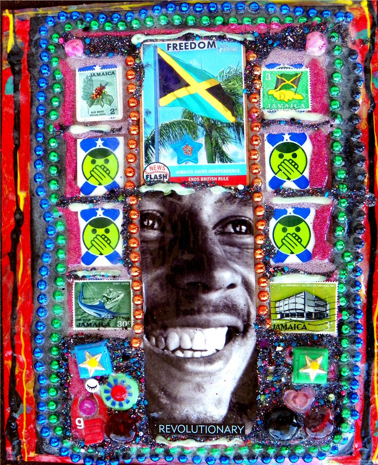 Bob Marley Reggae Music Collage, Original Art Tribute, Jamaica Flag Freedom Folk
