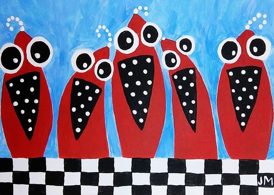 whimsical original signed happy painting ACEO art card size «Red Birds At Supper