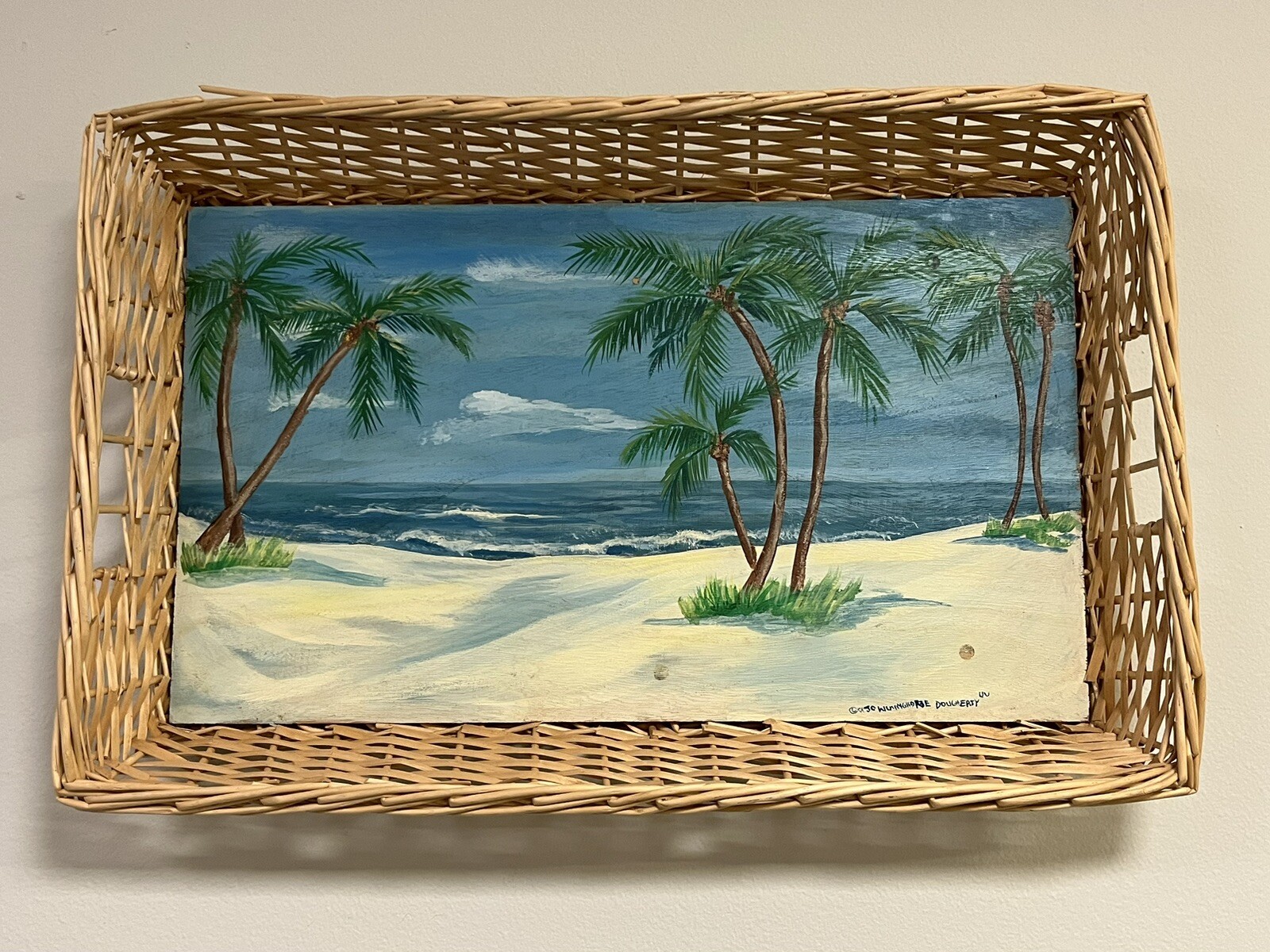 Vintage ORIGINAL Coastal Beach Palms Large Tropical Tray Board Painting SIGNED
