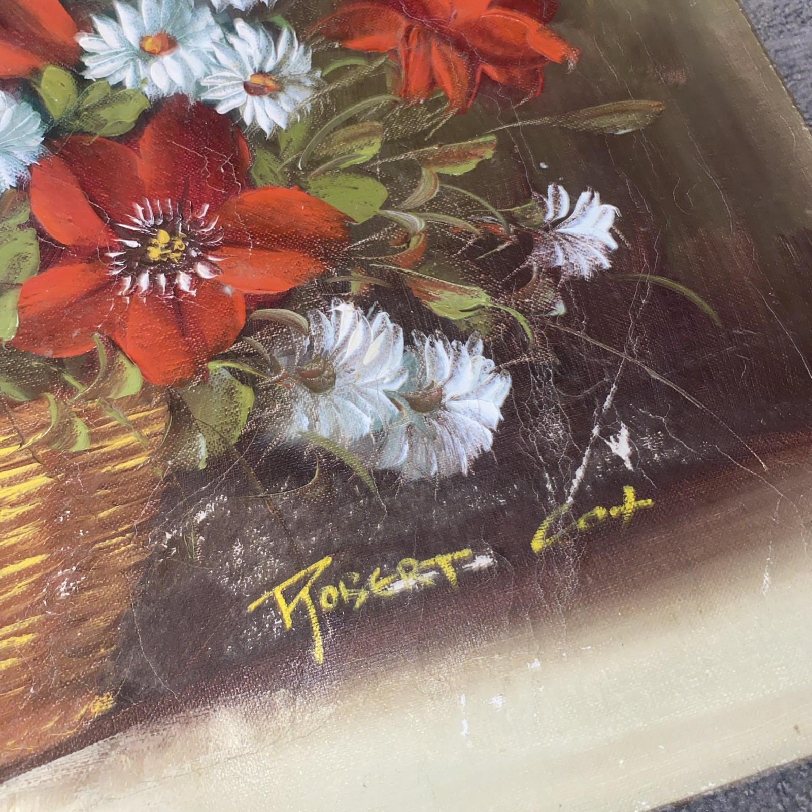 Vtg Signed Robert Cox Oil on Canvas Red Floral Daisies Still Life 24” X 20”