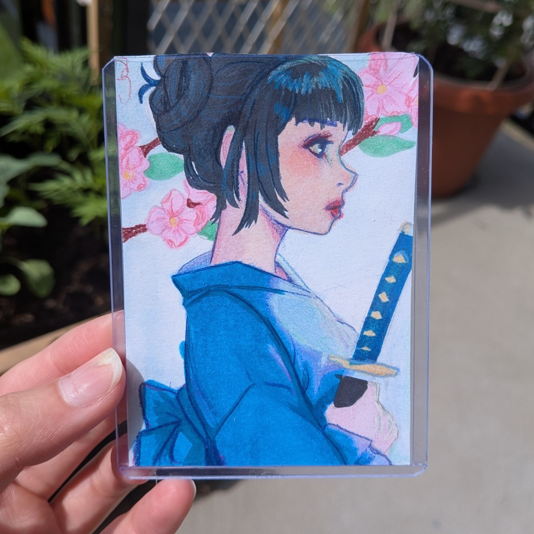 ACEO ORIGINAL OOAK- Girl, Blue, Kimono, Sword, Flowers,cherry blossom,
