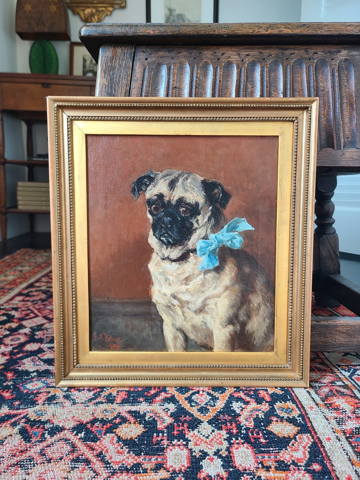 Moody Antique Dog Oil Painting Portrait of a Pug Early 1900’s English School