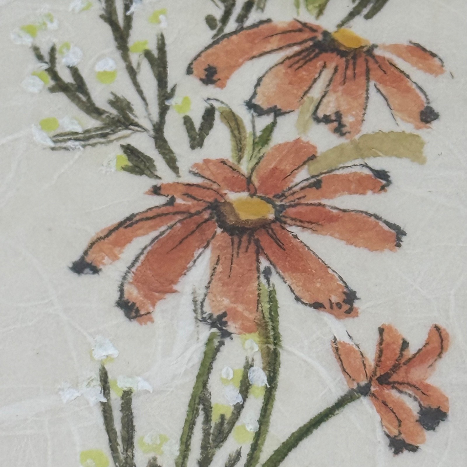 Signed Orange Yellow Floral Ink Watercolor Fibrous Paper Rose Gold Frame 5×12″