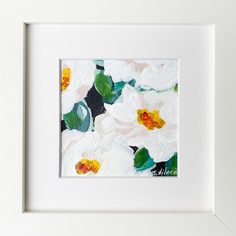 Framed Original Floral Painting White Wild Roses Green Background Signed 7×7
