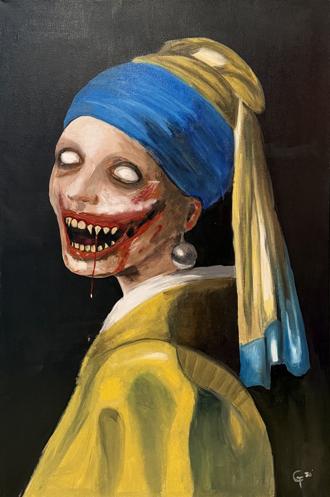 Horror Oil Painting Monster With A Pearl Earring- Original by FRKNSTN 36″ x 24″