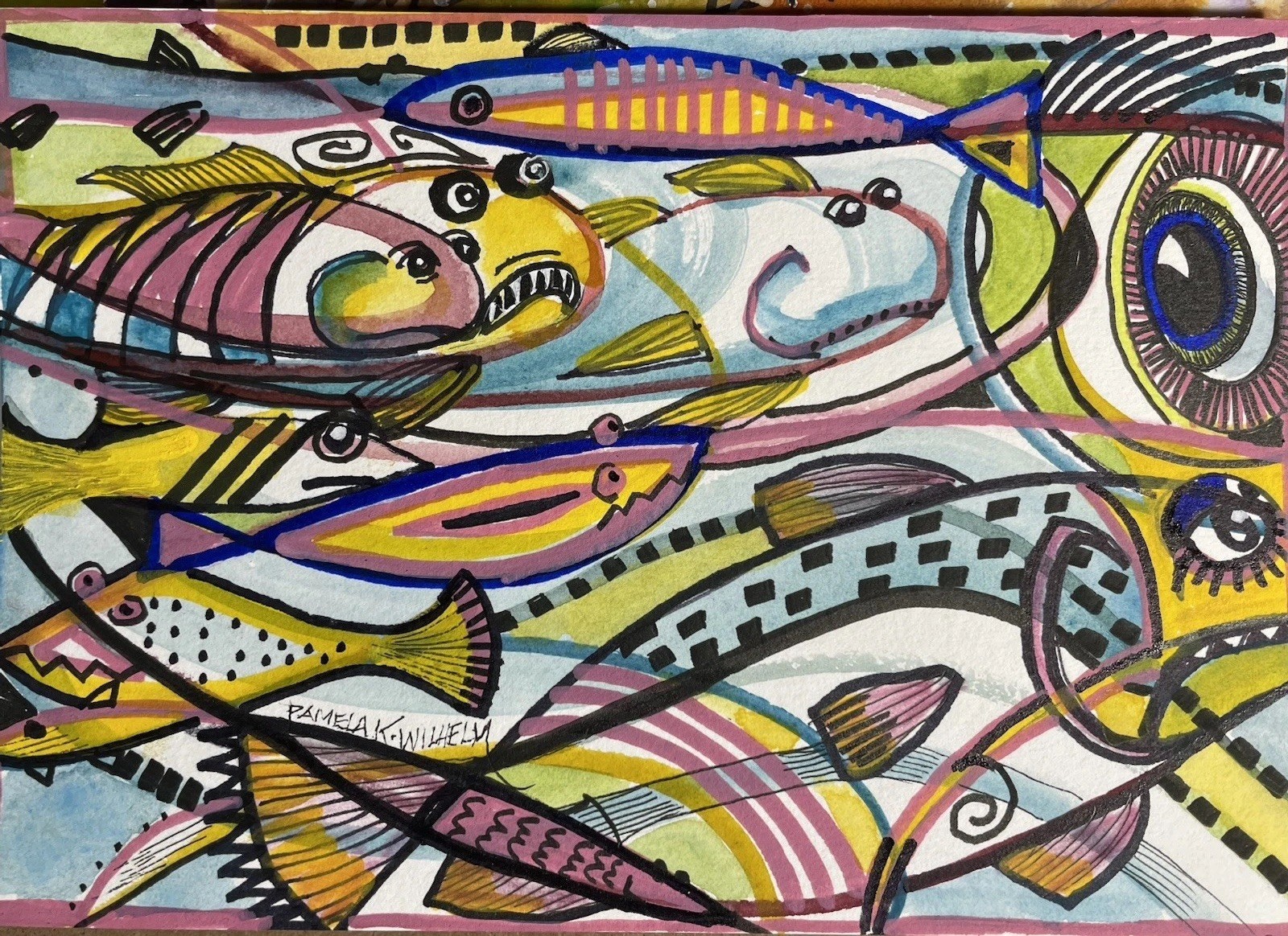 Original Pamela Wilhelm 5×7” Watercolor Ink Whimsical Fish Abstract OOAK