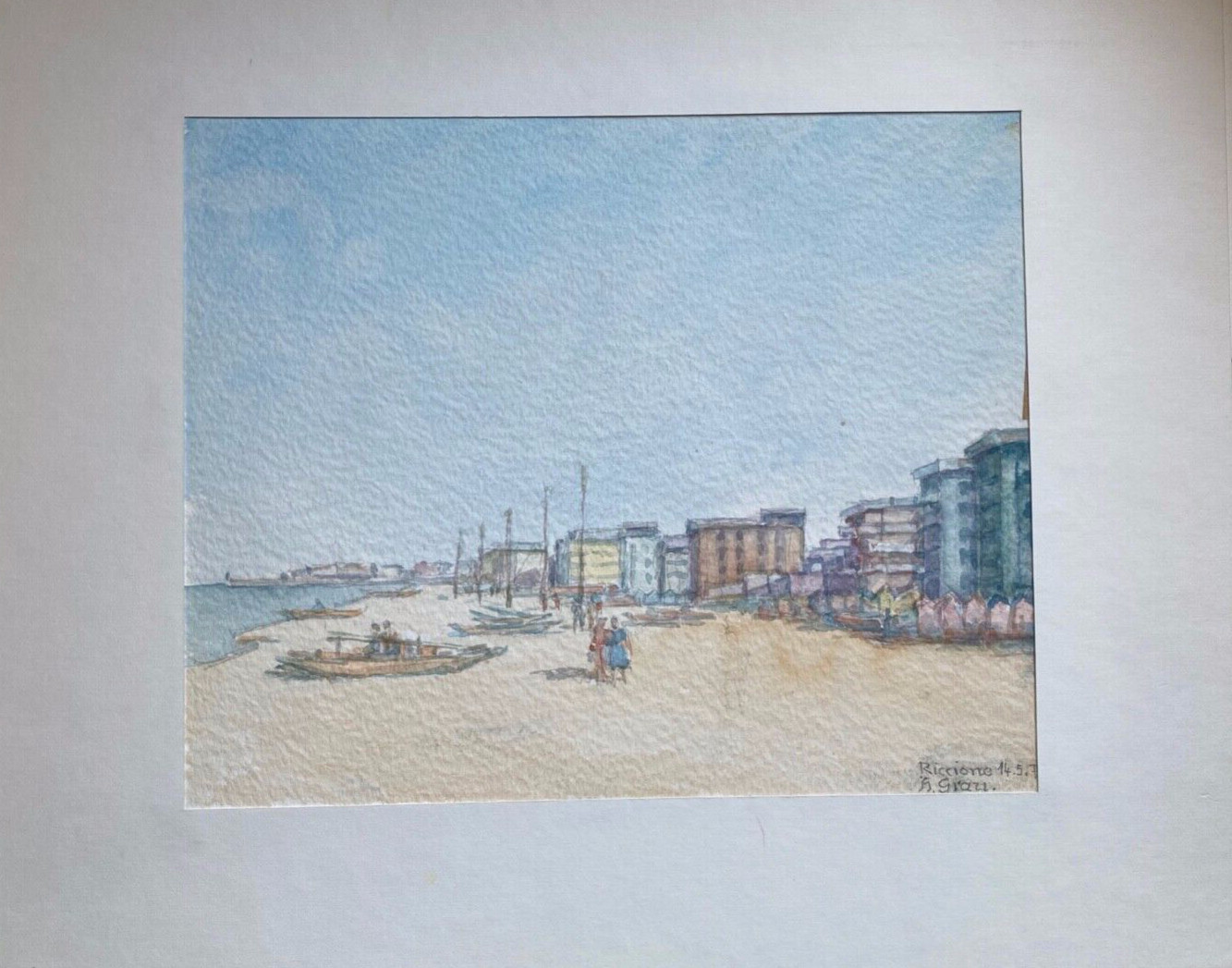 Watercolor SIGNED. H.GRAU 1977 View of Beach Life & Hotels in Riccione Italy
