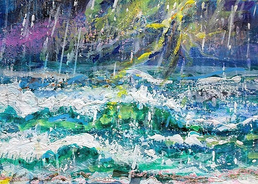 ORIGINAL ACEO Painting OCEAN Storm Lightning RAIN Waves Shore Beach Sea ATC ART