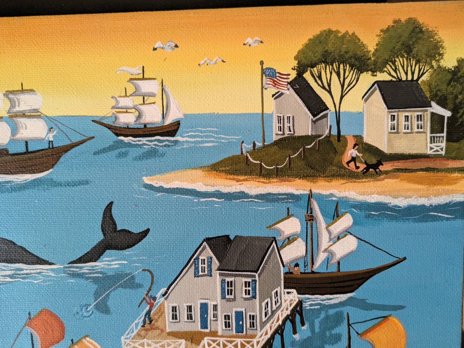 ORIGINAL PAINTING Folk Art Whales Nantucket Lighthouse Primitive Landscape Ships