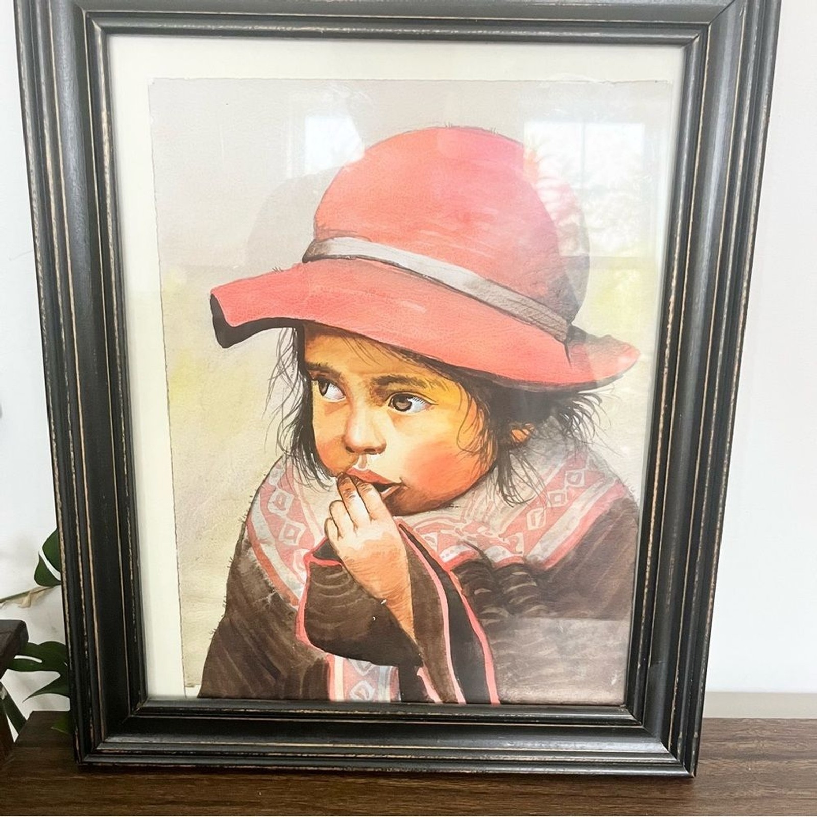 Peruvian Girl w Red Hat Watercolor Original Art Framed Portrait in Frame 14×17