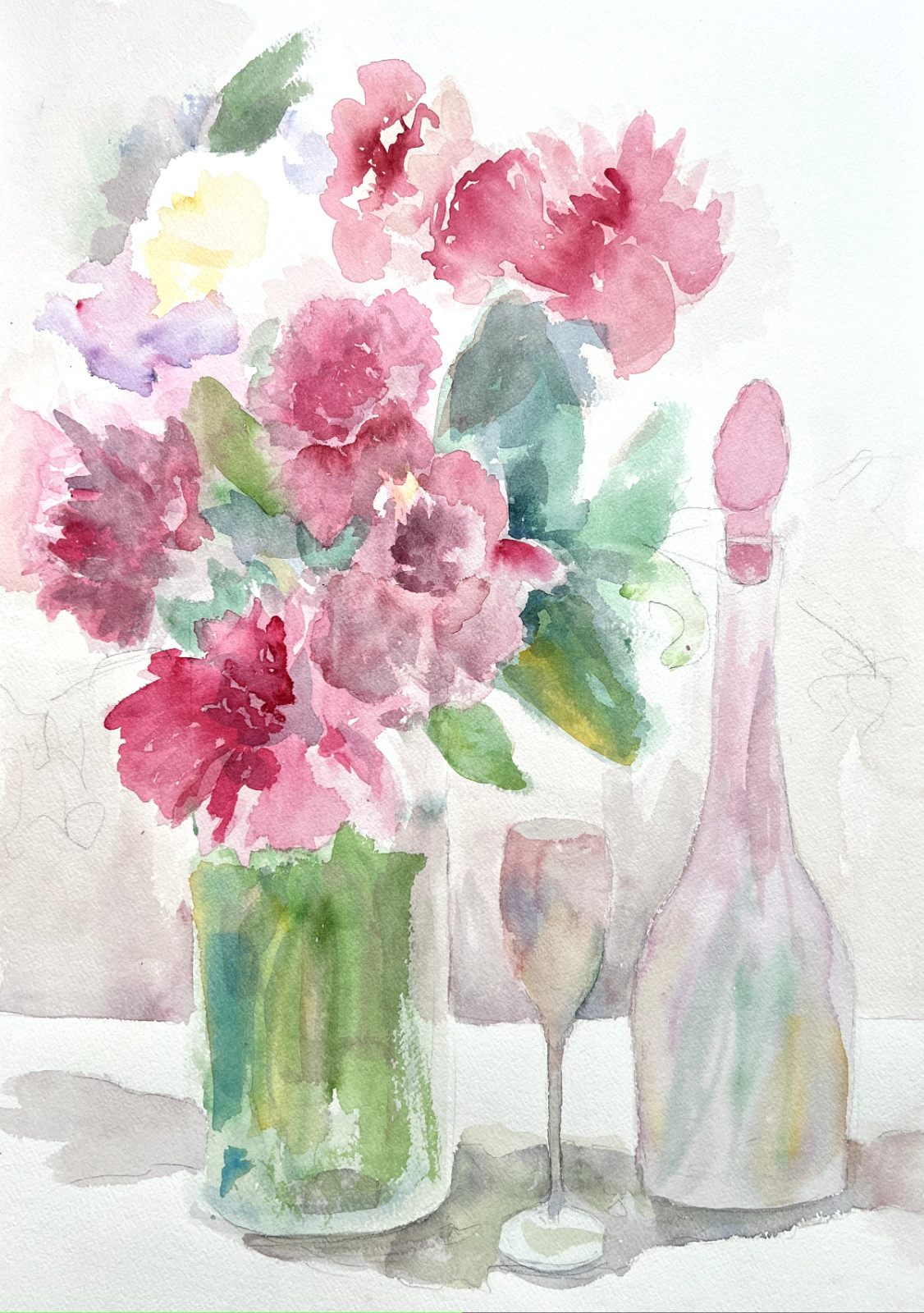 VTG Watercolor Still Life Flowers Spring Pastel Wine Glass Decanter Wall Art