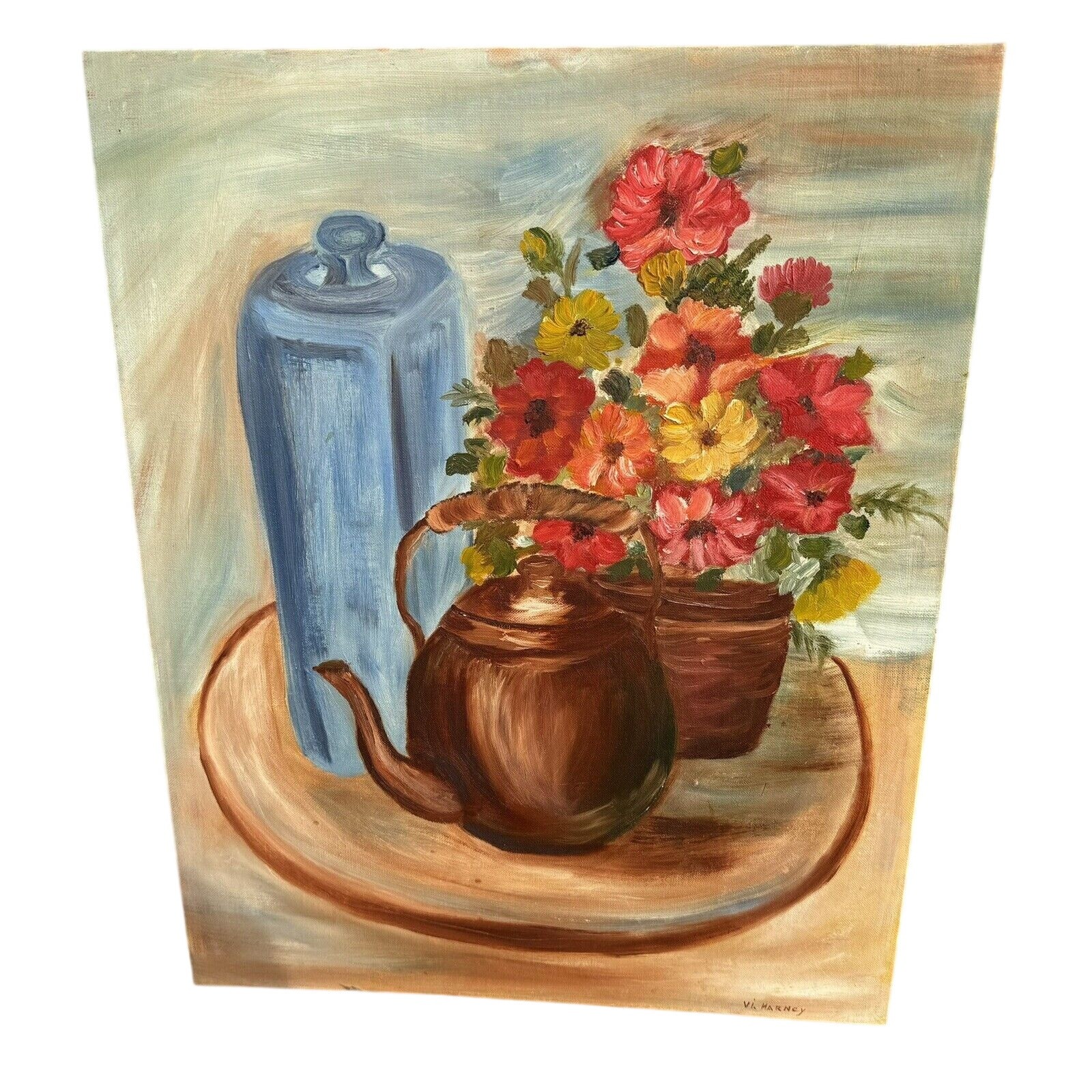 Vintage Floral Potted Flowers Painting Plants Roses Art Texture Unframed Teapot