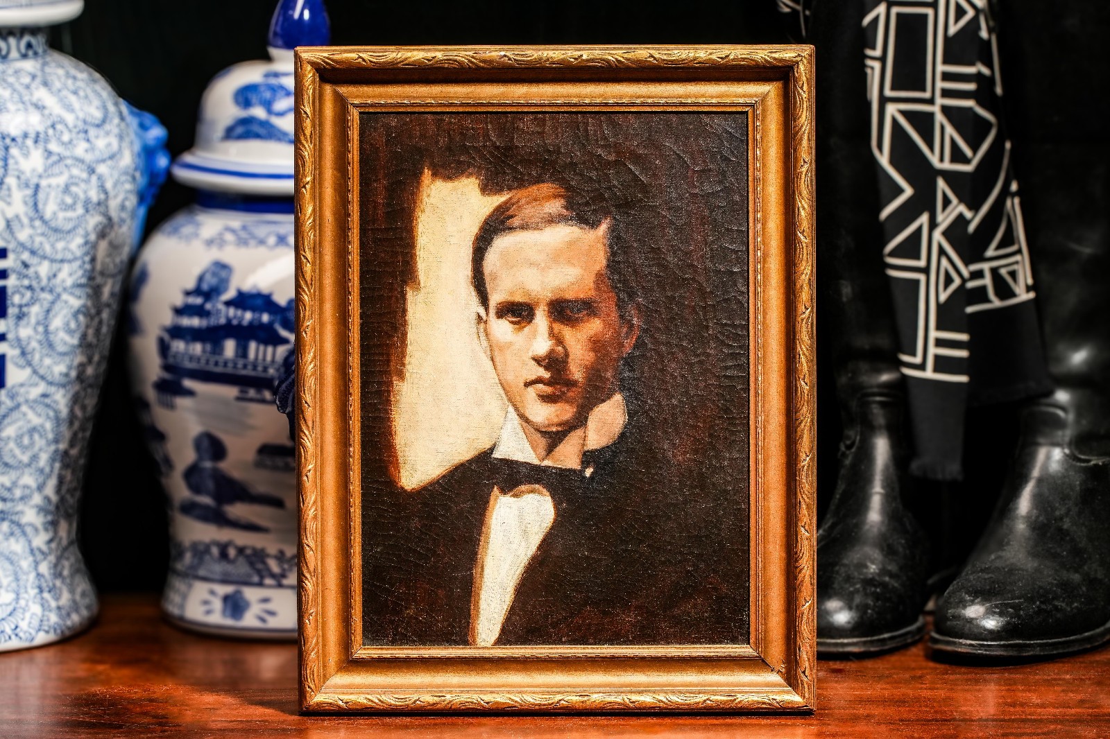 Formal Portrait Antique Framed Oil Painting Man in Tuxedo Fashion