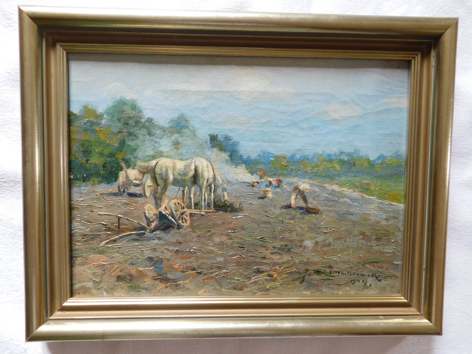 OIL PAINTING LEONARD WINOWSKI KOPANIE KARTOFLI / POTATO HARVEST POLIA 1904
