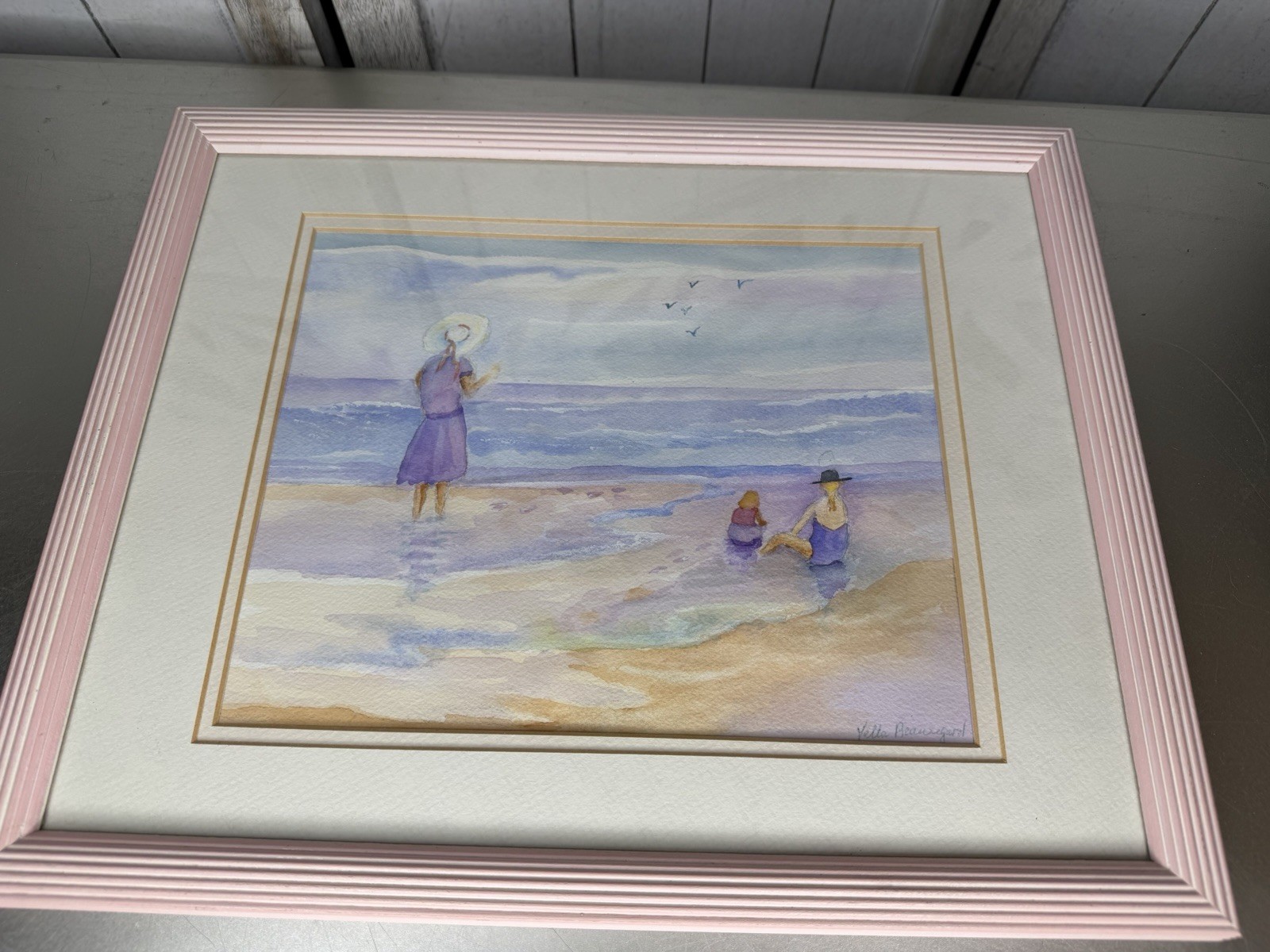 Vintage Art Girls Day At The Beach Watercolor Framed Signed Whimsy Decor 15×12