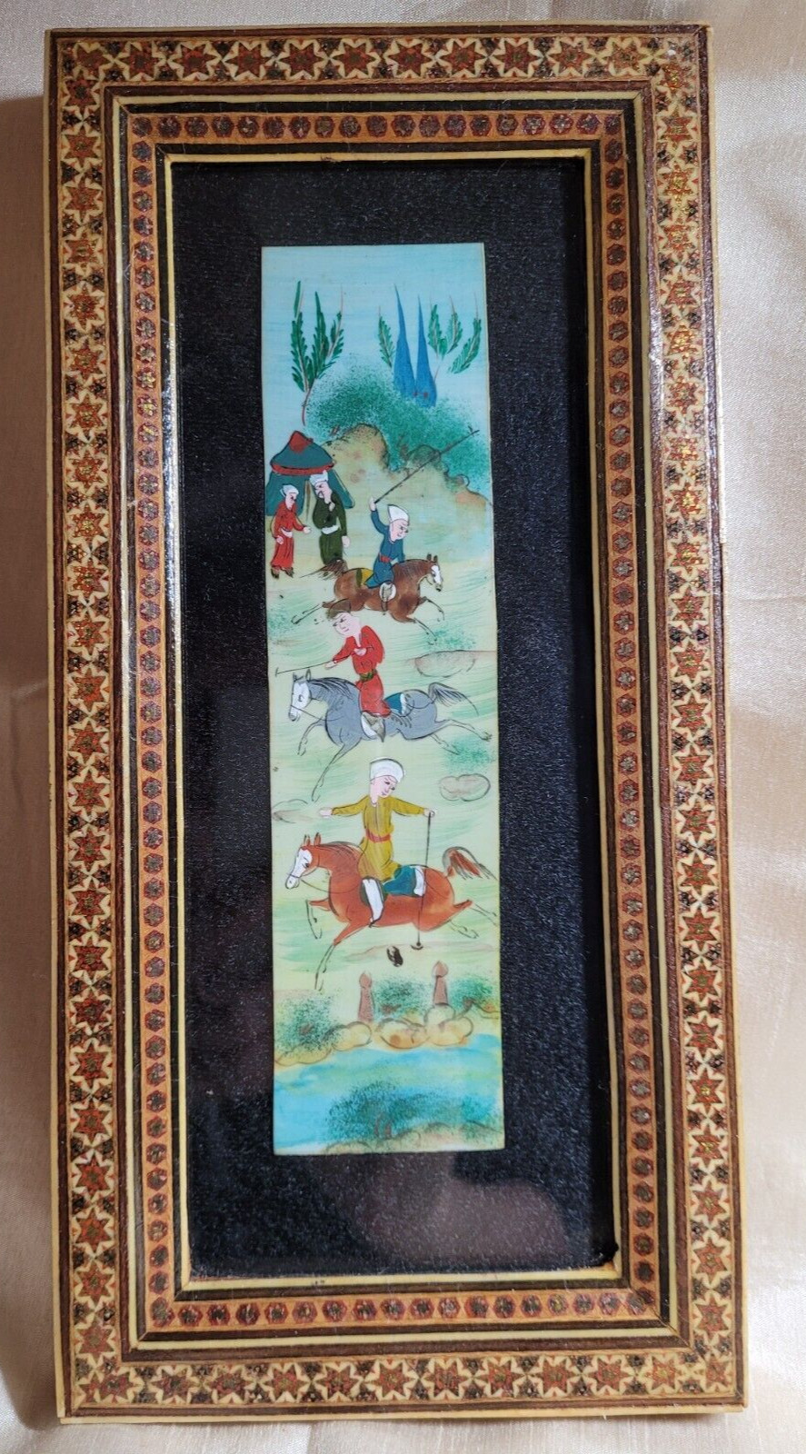 VTG Hand Painted Persian Camel Bone Khatam Inlay Micro Mosaic Frame 11.5″ Polo